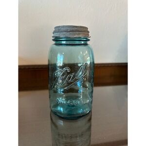 Antique Ball Mason Blue Quart Jar w/ Zinc Lid Wavy Glass & Air bubbles #1-6